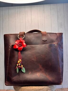 Flower Purse Charm Genuine Leather Red Flower Red Bag Charm NEW FAST SHIP